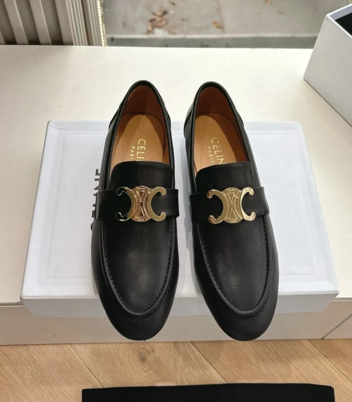 CELINE Buckle Triomphe Loafers Black Leather