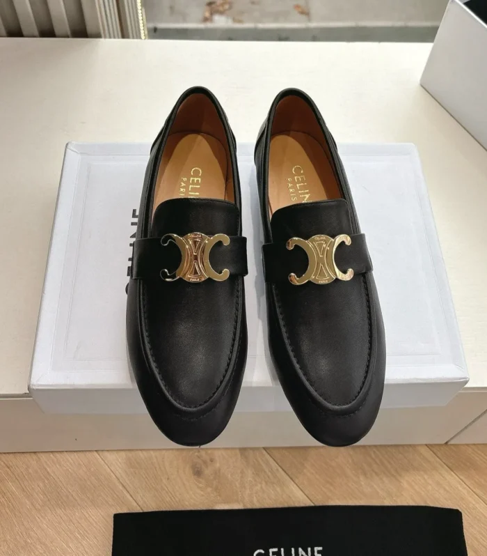 CELINE Buckle Triomphe Loafers Black Leather 285958