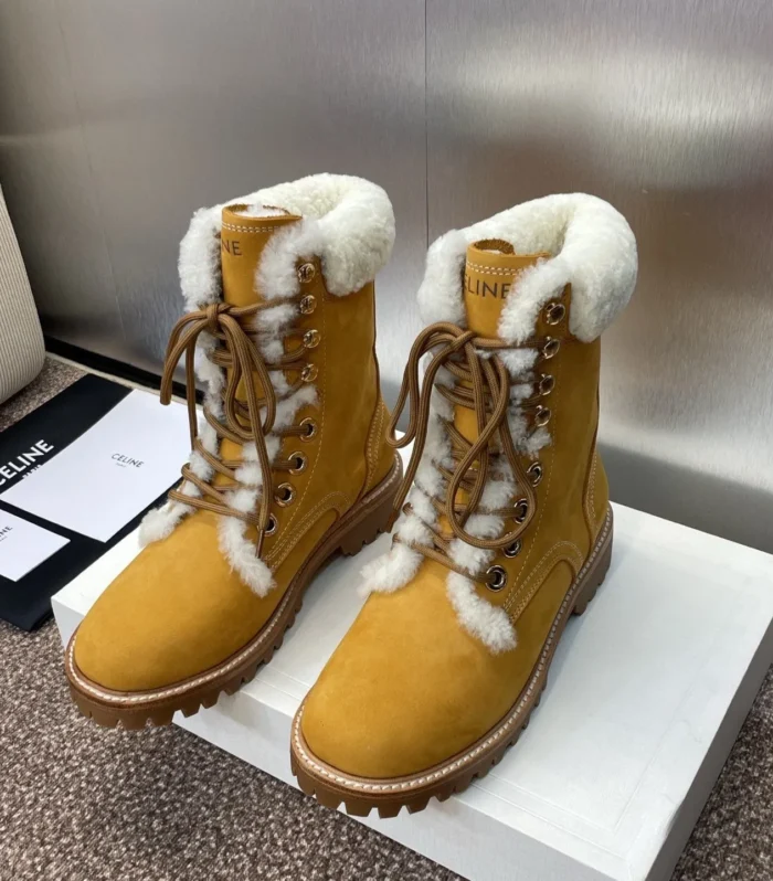 CELINE Ankle Boots Yellow White Suede Lambswool 433388