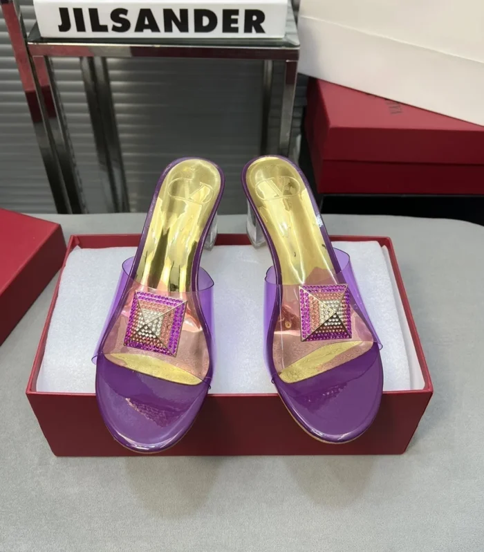 Heeled Sandals 6cm with Crystal Square Buckle Gold and Purple