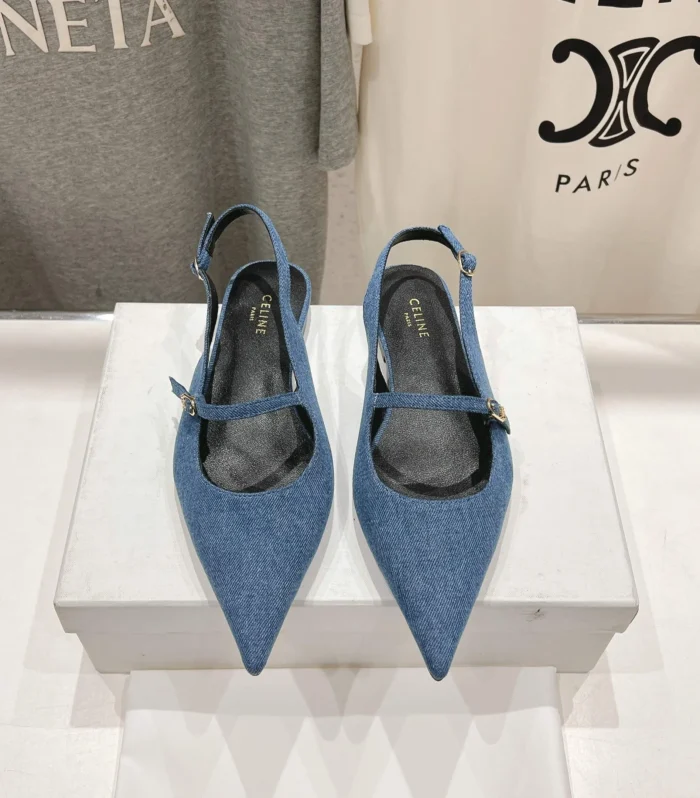 CELINE 25C Slingback Flat Demin Blue Fabric 236746