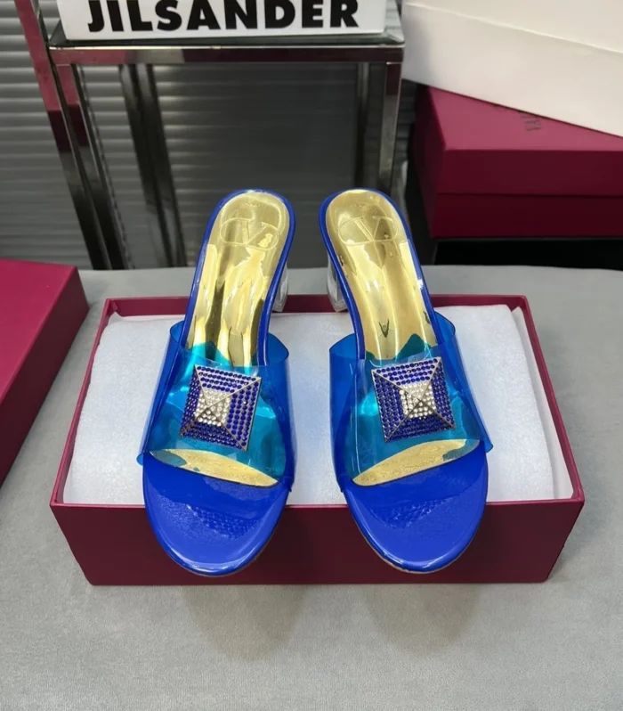 Heeled Sandals 6cm with Crystal Square Buckle Gold and Blue