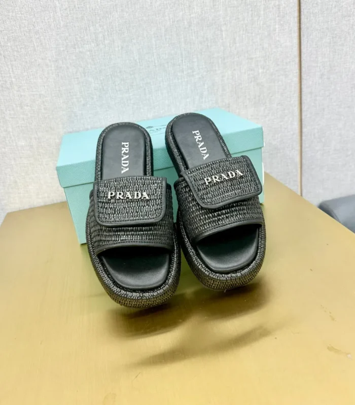 PRA CROCHET SLIDES SLIPPERS BLACK RAFFIA