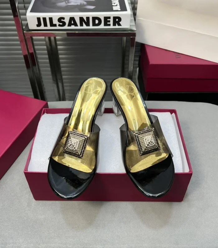 Heeled Sandals 6cm with Crystal Square Buckle Gold and Black