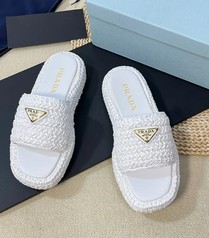 PRA CROCHET FLATFORM SLIDES WHITE RAFFIA