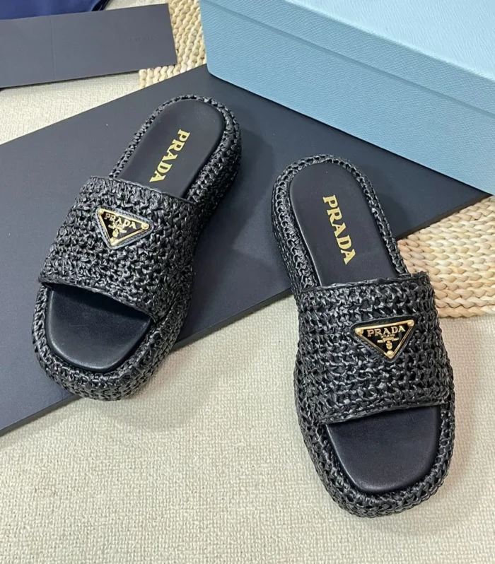 PRA CROCHET FLATFORM SLIDES BLACK RAFFIA
