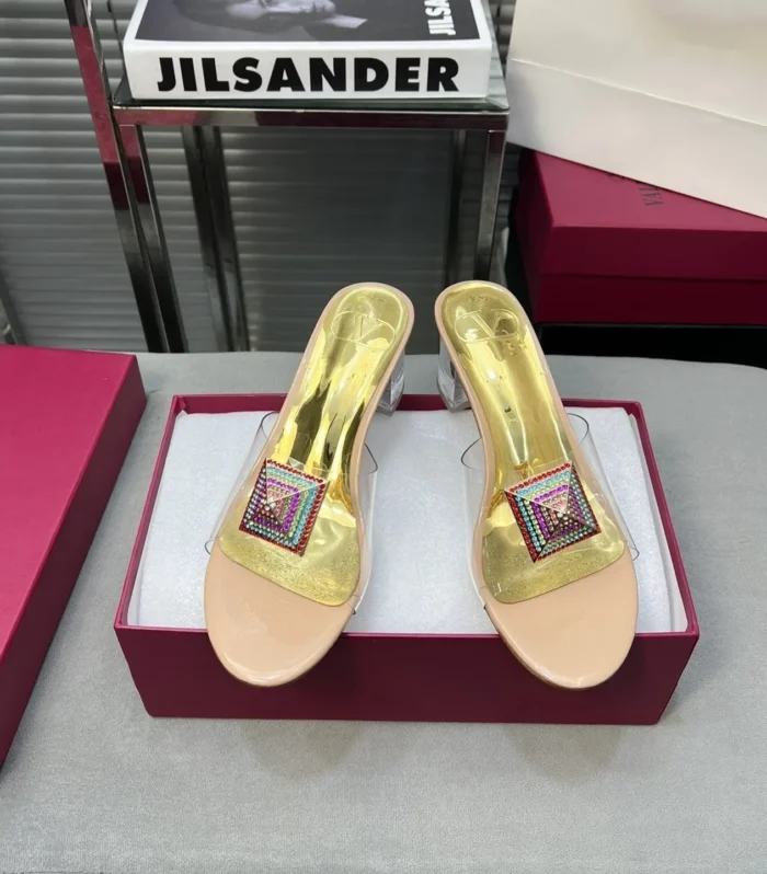 Heeled Sandals 6cm with Crystal Square Buckle Gold and Beige