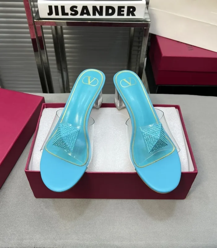Heeled Sandals 6cm with Crystal Square Buckle Blue Sky