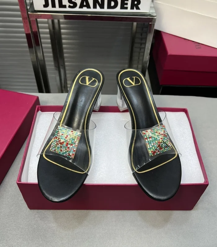 Heeled Sandals 6cm with Crystal Square Buckle Black