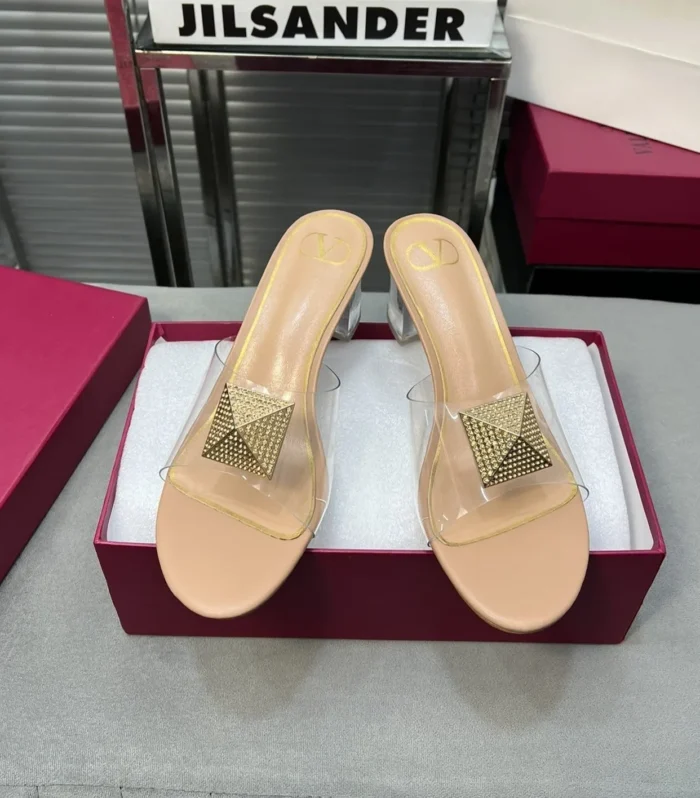 Heeled Sandals 6cm with Crystal Square Buckle Beige
