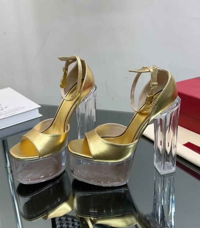 HIGH SANDAL 14CM IN GOLD CALFSKIN AND TRANSPARENT PVC