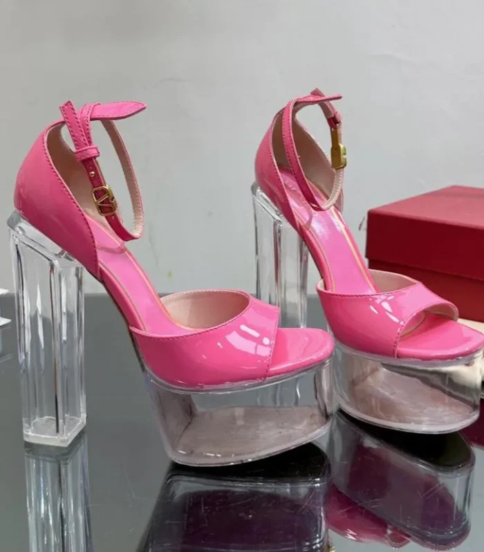 HIGH SANDAL 14CM IN BRIGHT PINK CALFSKIN AND TRANSPARENT PVC