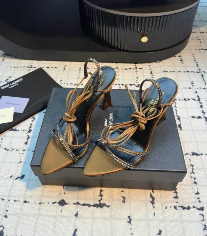 HIGH HEEL SANDALS WITH SHINY RHINESTONES STRAP IN GOLDEN BROWN SILK