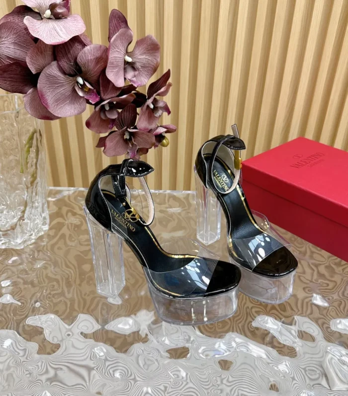 HIGH SANDAL 14CM IN BLACK CALFSKIN AND TRANSPARENT PVC