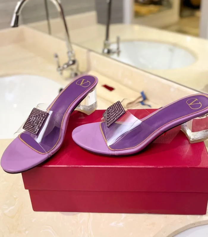HIGH MULE 60MM IN MAUVE PURPLE SHEEPSKIN AND TRANSPARENT PVC