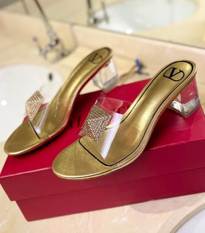 HIGH MULE 60MM IN GOLD SHEEPSKIN AND TRANSPARENT PVC